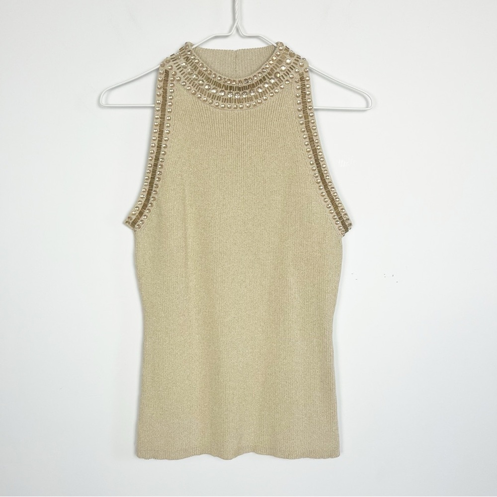 Vtg Y2K Ribbed Glitter Grace Elements Cream Bejeweled Beaded Tank Top Silk